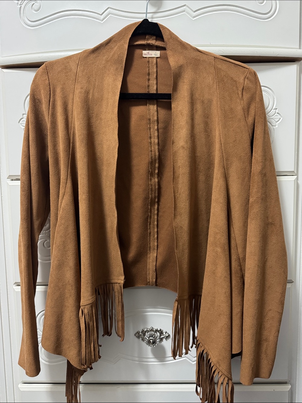 Hollister Tan Suede-Look Open Front Fringe Jacket